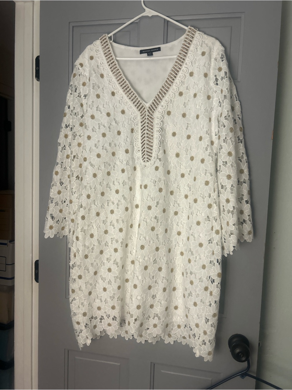 Boston Proper White Lace Mini Dress with Gold Dot Detail